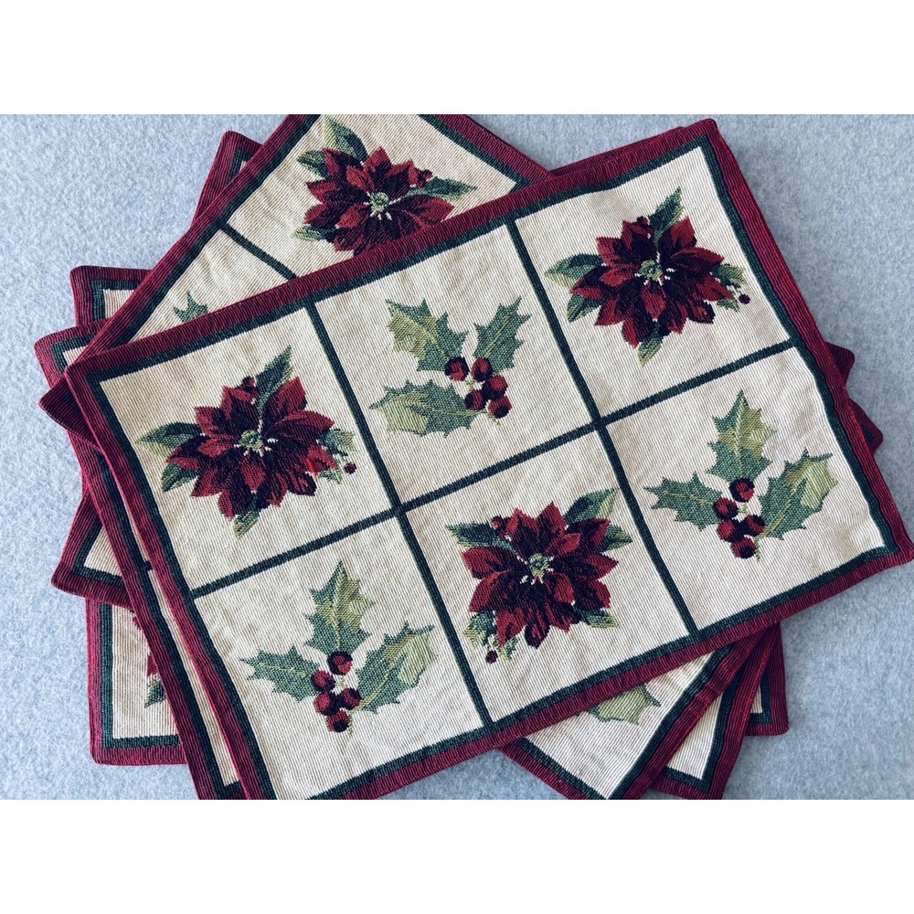 Better Homes & Gardens Christmas Tapestry Placemats Poinsettia Holly Set Of 5